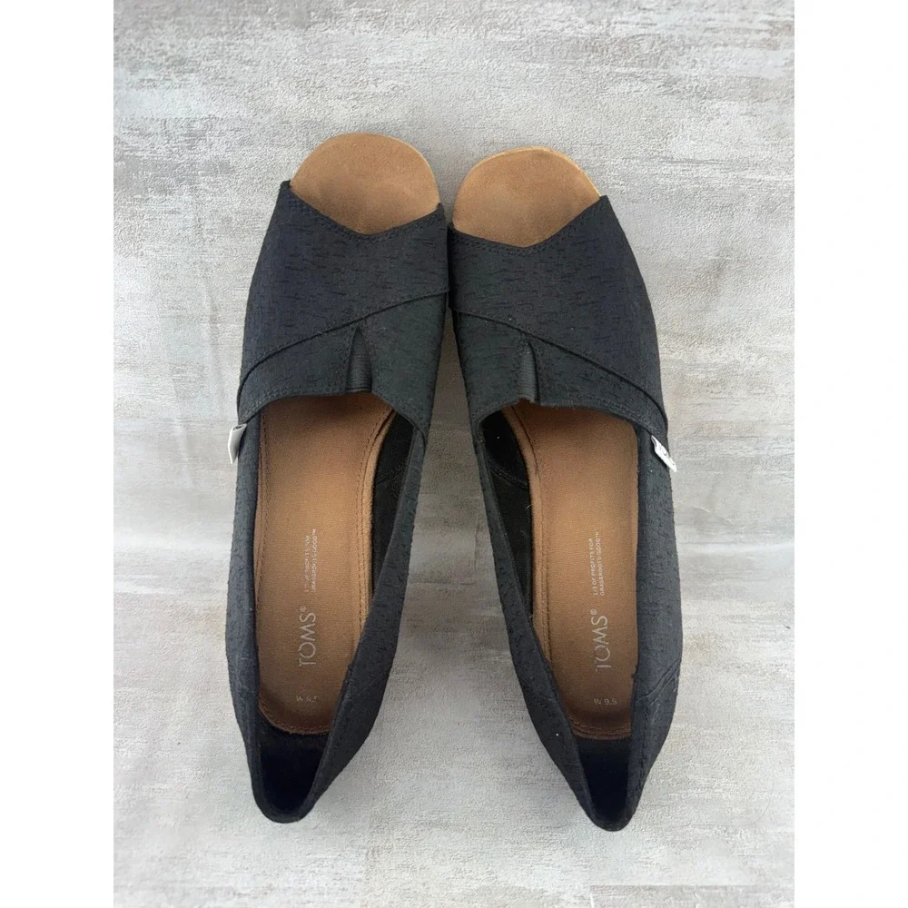 TOMS Women Black Canvas Peep Toe Cork Wedge Sandals Platform Shoes Sz 9.5
